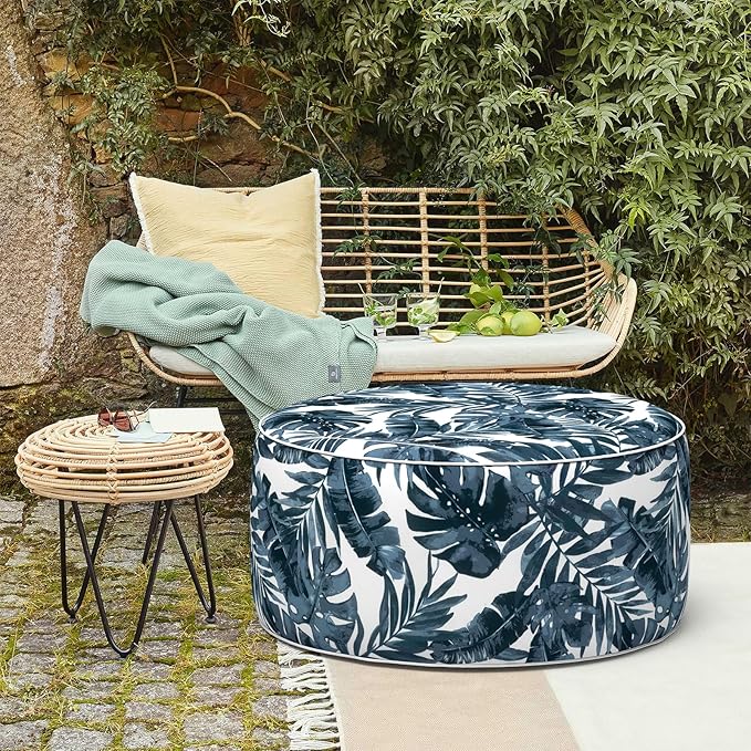LVTXIII Outdoor/Indoor Inflatable Ottoman, 31"x31"x14" Patio Footrest Stool, Portable Round Pouf Ottoman for Patio Garden, Camping or Home Decoration, Palm Blue-Ruum Studio Home