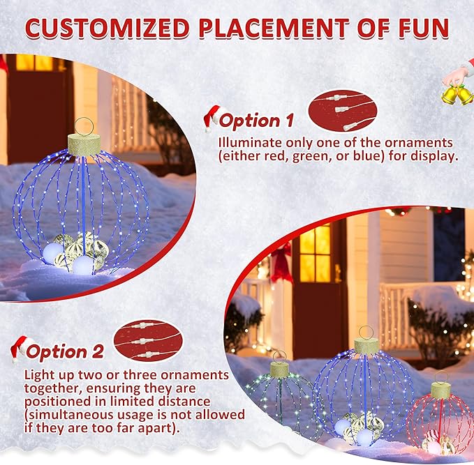 Outdoor Christmas Decorations, Set of 3 Lighted Christmas Ball Ornaments with 570 LED Lights, 6 Ground Stakes, Included 20 Small Plastic Xmas Ball Ornaments for Holiday Decor Yard-Ruum Studio Home