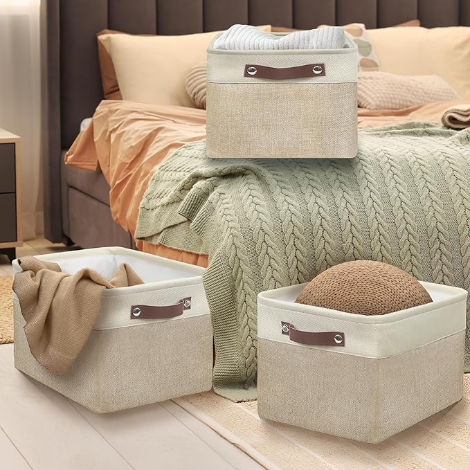 SIMPLE HOUSEWARE Large Fabric Storage Bin, 15" x 11" with Leather Like Handles, 3 Pack, Beige-Ruum Studio Home