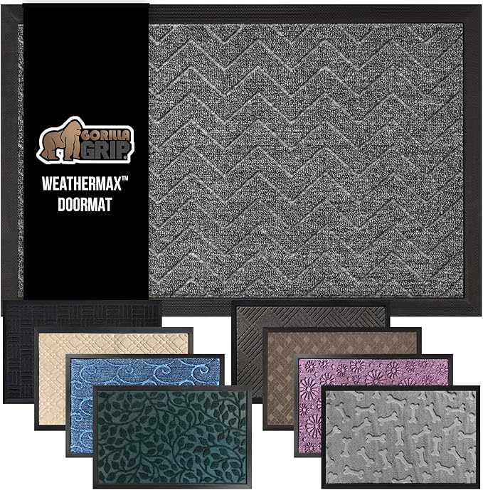 GORILLA GRIP 100% Waterproof All-Season WeatherMax Doormat, 34x58, US Designed Natural Rubber, Stain and Fade Resistant, Low Profile Indoor Outdoor Door Mats, Easy Clean Patio Mat, Steel Chevron-Ruum Studio Home
