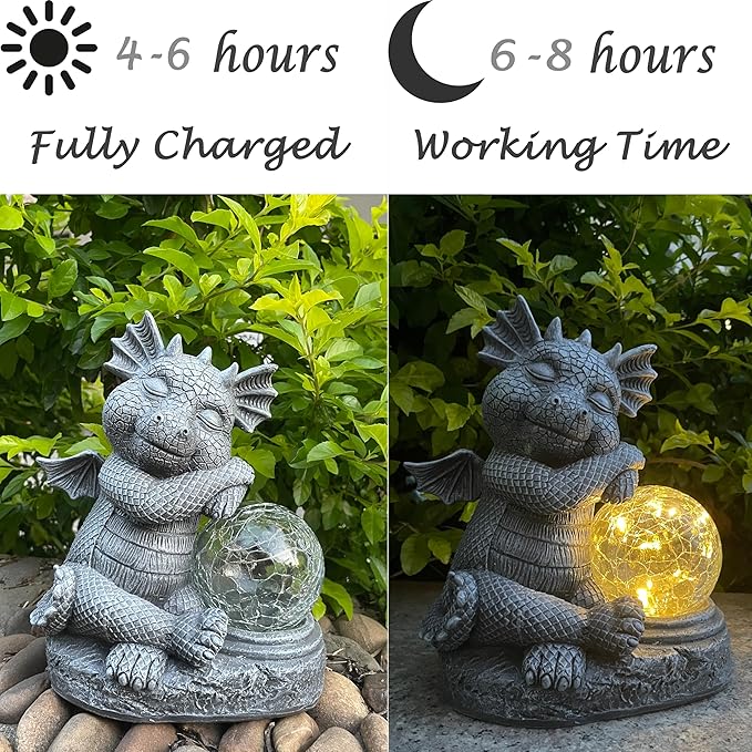 Garden Dragon Figurine Solar Powered Outdoor Cute Dragon with Hold Glowing Glass Ball Resin Sculpture for Porch Patio Lawn Farm Yard Home Decoration Gift for Women Housewarming-Ruum Studio Home