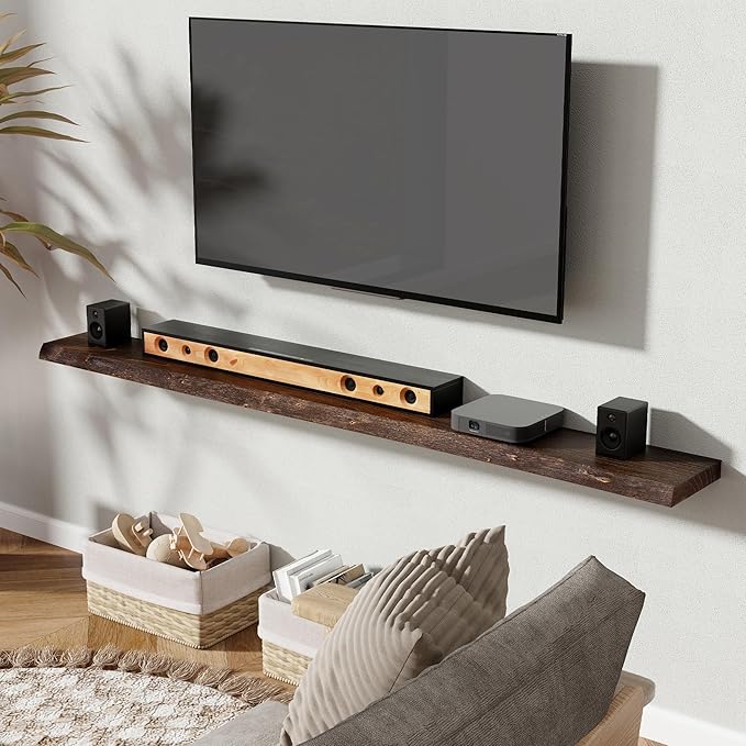 72" Floating Shelves, Live Edge Elm Wood Floating Shelf for Wall, Wall-Mounted Display Shelves with Invisible Heavy-Duty Bracket, Long Floating Shelf for Bathroom, Kitchen, Living Room, Walnut Color-Ruum Studio Home