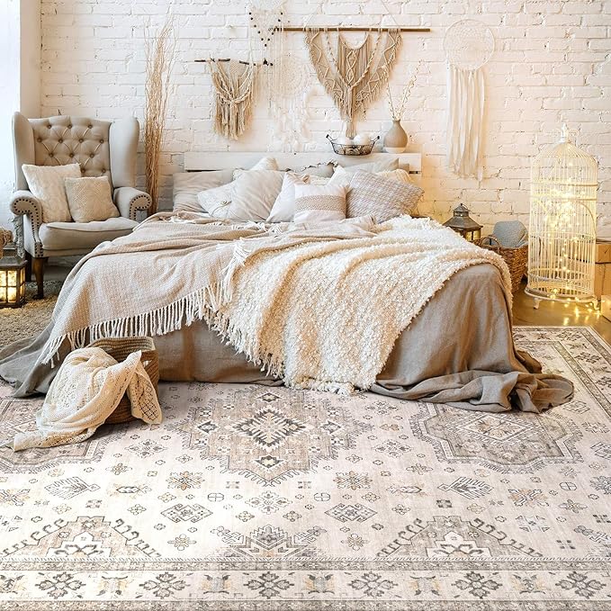 Washable Area Rugs for Living Room -8x10 Neutral Vintage Distressed Floral Farmhouse Boho Large Soft Floor Rug Indoor Non Slip Carpet for Living Room Bedroom Dining Room Office -Beige Brown-Ruum Studio Home