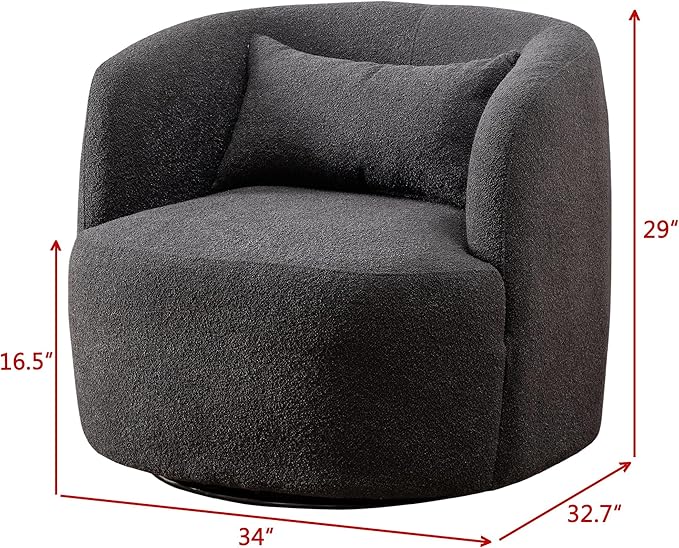 KINWELL 34" Wide Boucle Swivel Barrel Chair, No Assembly Round Upholstered Armchair Accent Chair Single Sofa Chair with Toss Pillow for Living Room and Bedroom, Dark Grey-Ruum Studio Home