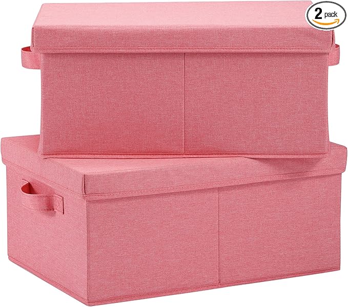 HOONEX Linen Foldable Storage Bins with Lids, 2 Pack, Storage Boxes with Carrying Handles and Sturdy Heavy Cardboard, 16.5" L x 11.8" W x 7.5" H for Shoes, Books, Clothes, Nursery, Pink-Ruum Studio Home