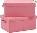 HOONEX Linen Foldable Storage Bins with Lids, 2 Pack, Storage Boxes with Carrying Handles and Sturdy Heavy Cardboard, 16.5" L x 11.8" W x 7.5" H for Shoes, Books, Clothes, Nursery, Pink-Ruum Studio Home