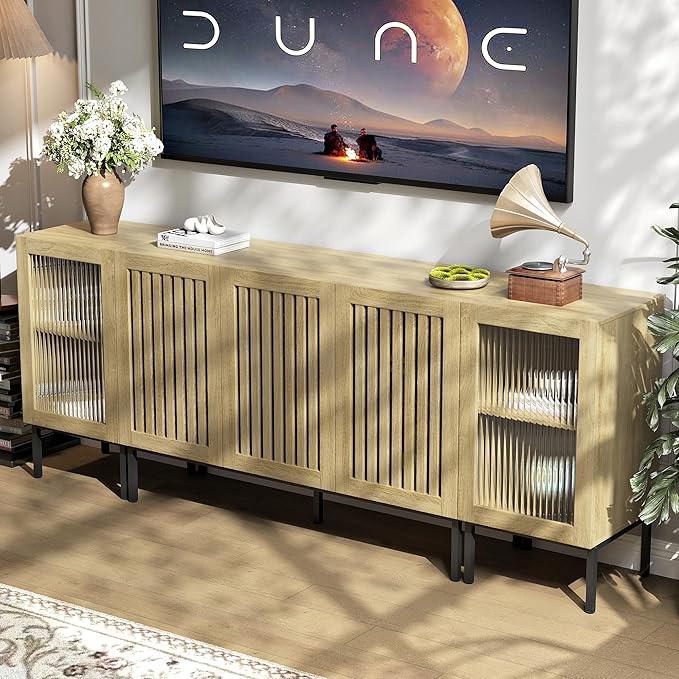 Farmhouse TV Stand for TVs up to 85 Inch, Entertainment Center TV Console with Storage Cabinets and Glass Doors, Media Console for Living Room,Oak-Ruum Studio Home