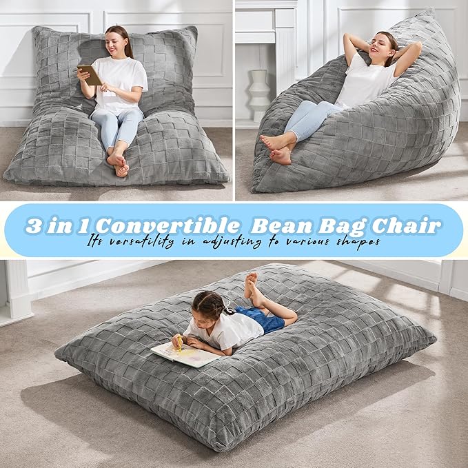 Hobestluk 3 in 1 Bean Bag Chair Giant Bean Bag Chairs for Adults with Plaid Cover Convertible Bean Bag Floor Cushion with Machine Washable Cover for Living Room (Plaid Grey)-Ruum Studio Home