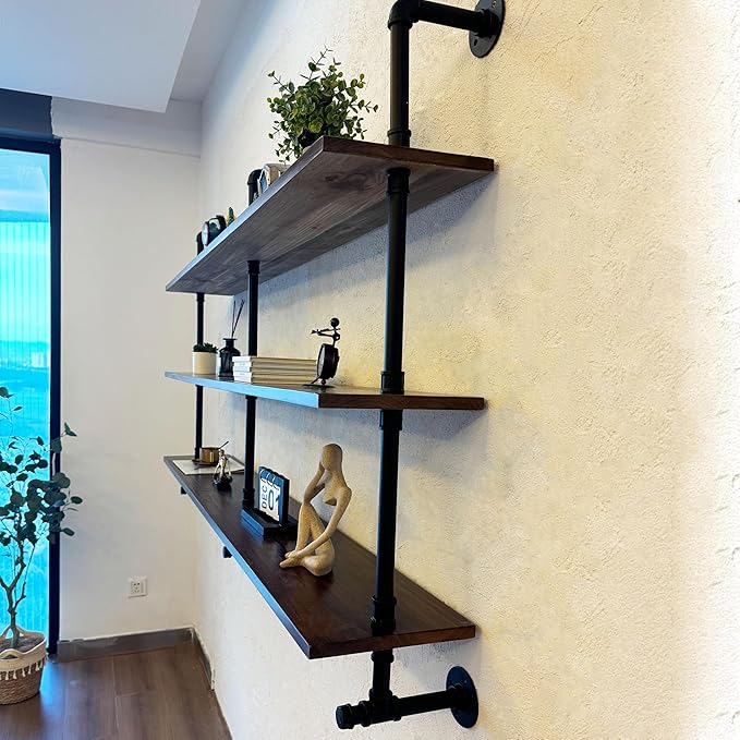 ROGMARS Industrial Pipe Wall Shelves Pipe Shelving with Real Wood Plank,70 Inches Floating Shelves for Wall Farmhouse Pipe Book Shelves Dark Brown 3Tier for Kitchen,Living Room Decor and Bar Shelving-Ruum Studio Home