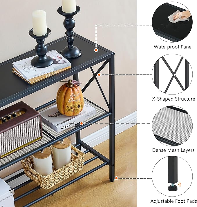 Hoctieon Industrial Console Table, 3 Tier Entryway Table, Hallway Table, Narrow Sofa Table with Shelves, Entrance Table for Entryway, Living Room, Foyer, Hallway, Office, Black-Ruum Studio Home