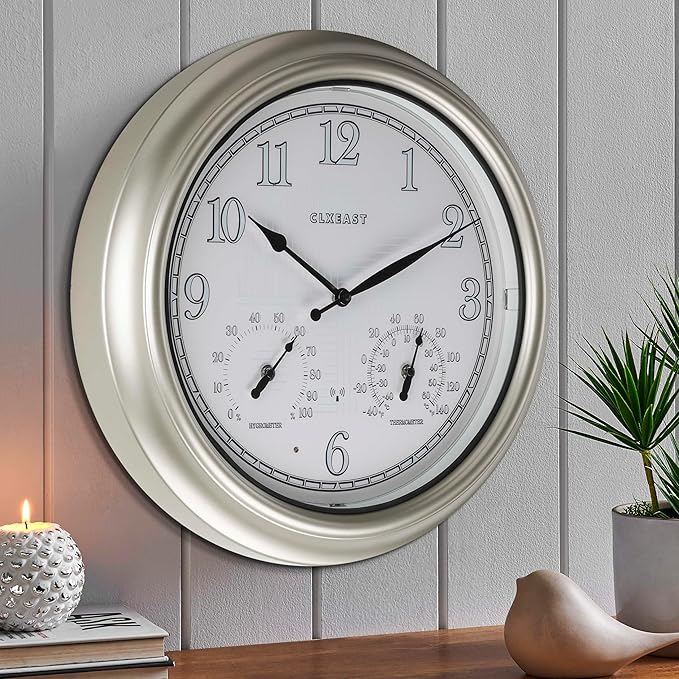 CLXEAST 18 Inch Illuminated Outdoor Indoor Atomic Analog Wall Clock with Temperature & Humidity Combo, Lighted Outdoor Clocks for Patio Large Waterproof with Thermometer, Modern Morning Silver/Gold-Ruum Studio Home