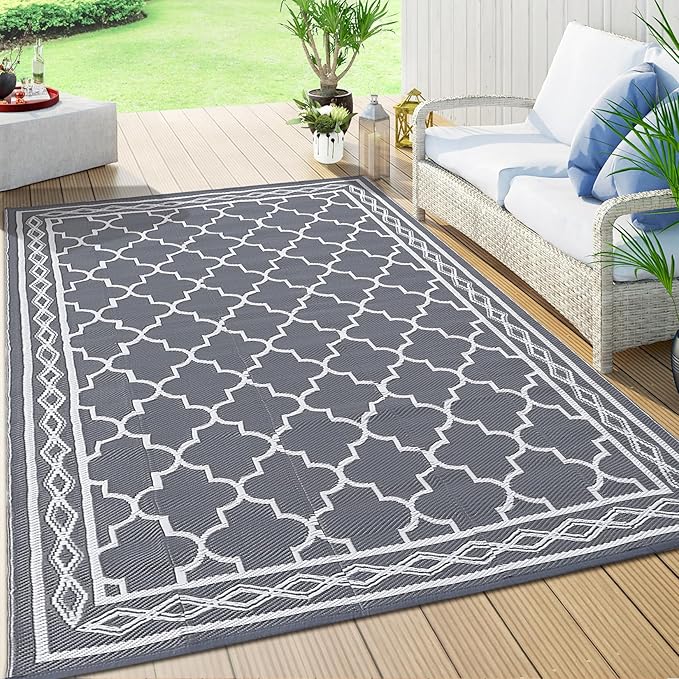 GAOMON Reversible Outdoor Rug 9'x18' Waterproof Plastic Straw Rug, Patio Rug, Large Modern Area Rug Carpet, Indoor Outdoor Rugs for Camping, Porch, Deck, Balcony, Backyard, Grey/White(Geometric)-Ruum Studio Home