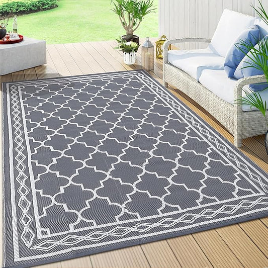 GAOMON Reversible Outdoor Rug 9'x18' Waterproof Plastic Straw Rug, Patio Rug, Large Modern Area Rug Carpet, Indoor Outdoor Rugs for Camping, Porch, Deck, Balcony, Backyard, Grey/White(Geometric)-Ruum Studio Home