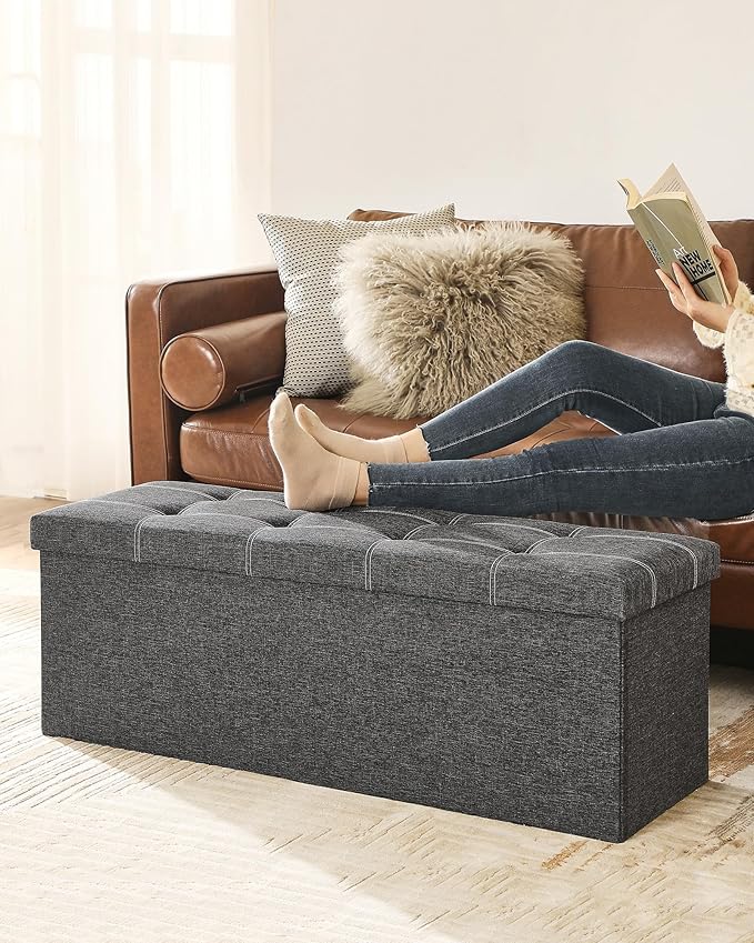 SONGMICS Mazie Collection - 43 Inches Ottoman Storage Bench, 35 Gal. Folding Chest with Breathable Linen-Look Fabric, Load up to 660 lb, for Entryway, Living Room, Bedroom, Dark Gray ULSF077G04-Ruum Studio Home
