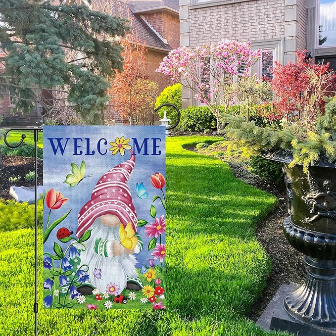 Welcome Spring Gnome Garden Flag 12x18 Double Sided Burlap Butterfly Floral Garden Yard Flags for Spring Summer Rustic Seasonal Outside Outdoor House Decoration (ONLY FLAG)-Ruum Studio Home