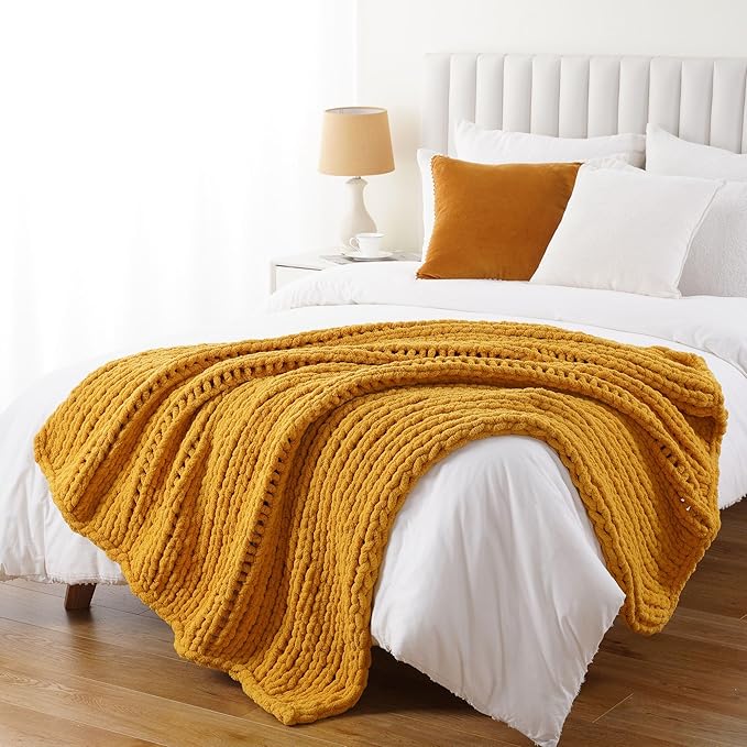 Battilo Chunky Knit Throw Blanket, Soft and Thick Chenille Throw Blanket, 50"x60" Handmade Cable Knit Crochet Blanket, Large Rope Knot Throw Blankets for Couch Sofa Bed Home Decor, Mustard-Ruum Studio Home