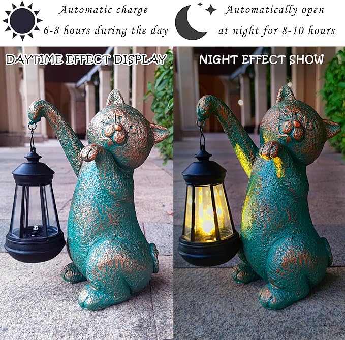 JOYBEE Garden Statues Cat with Solar Lantern Outdoor Decor-Cat Solar Figurines Lights Decorations for Patio Yard Lawn Ornaments-Gifts for Birthday Easter Housewarming-Ruum Studio Home