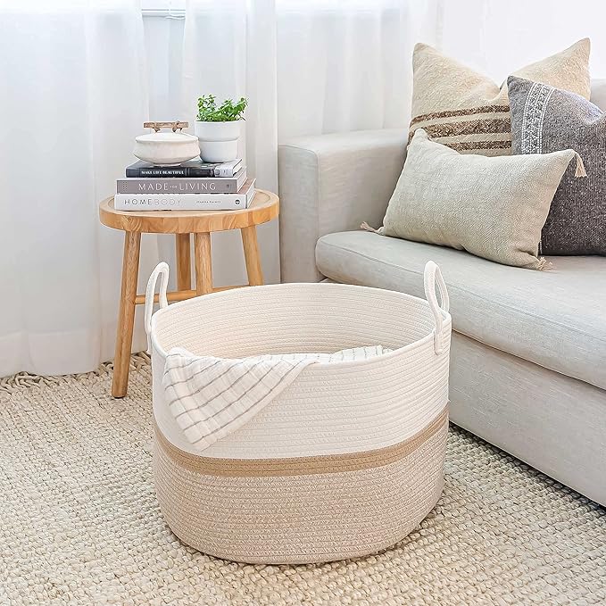 OrganiHaus Boho Woven Basket for Blankets and Laundry, Decorative Large Storage Bin for Living Room, Nursery Basket for Toys & Clothes, Soft Cotton Rope with Handles 20x13 inches - Striped Honey-Ruum Studio Home