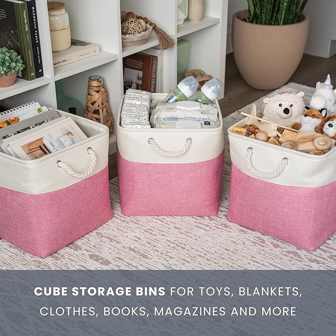 OrganiHaus 13x13 Cube Storage Bins 4 Pack, Foldable Cube Storage Organizer w/ Rope Handles, Collapsible Fabric Bins for Toys, Clothes & Closet Organization, Fabric Square Baskets - Pink/White-Ruum Studio Home