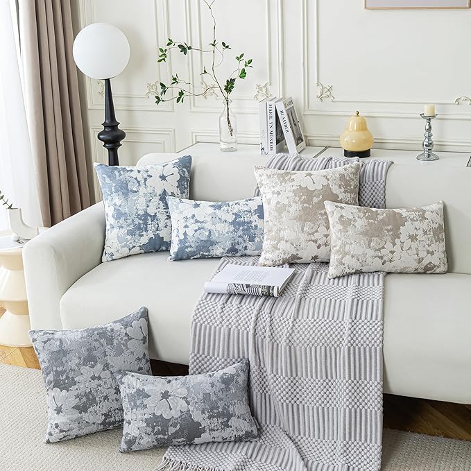 Jacquard Throw Pillow Covers 12x20 Inch Set of 2 - Vintage Floral Boho Pillow Cases with Botanical Pattern | Farmhouse Decor for Couch Living Room | Soft Textured Neutral Trio Slate Gray 12" x 20"-Ruum Studio Home
