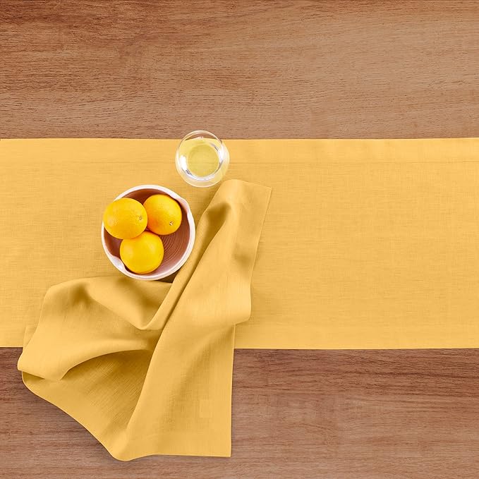 Solino Home Linen Table Runner 108 Inches Long - 100% Pure Linen Mustard Yellow Table Runner 14 x 108 Inch - Fete-Ruum Studio Home