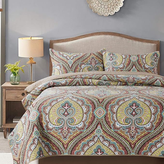 NEWLAKE Cotton Bedspread Quilt Sets-Reversible Patchwork Coverlet Set, European Paisley Blossom Pattern, King Size-Ruum Studio Home