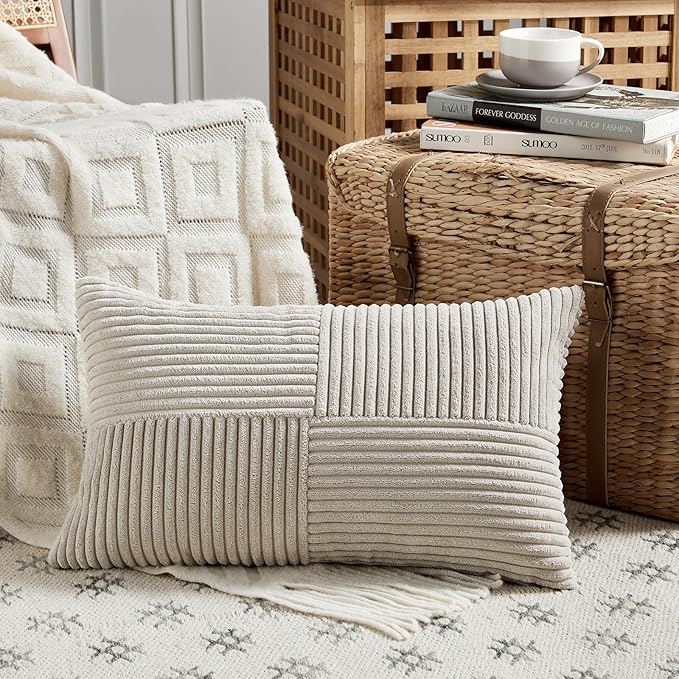 Fancy Homi 2 Packs Neutral Taupe Lumbar Decorative Throw Pillow Covers 12x20 Inch for Living Room Couch Bed Sofa, Farmhouse Home Decor, Soft Striped Corduroy Rectangle Accent Cushion Case 30x50 cm-Ruum Studio Home