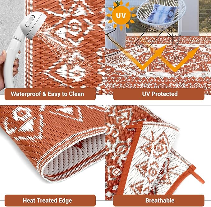 GAOMON Large Outdoor Plastic Straw Rug 10x14 Waterproof Patio Rug Reversible Foldable Portale Camping Mat with Stakes & Bag, Vintage Boho Outside Carpet for RV Garden Deck Porch, Orange Red-Ruum Studio Home