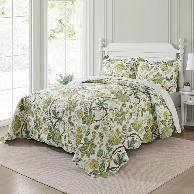 NEWLAKE Cotton Bedspread Quilt Sets - Reversible Patchwork Coverlet Set, Floral Vine Pattern, King Size-Ruum Studio Home