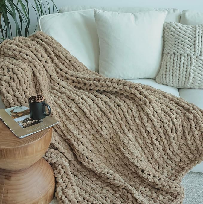 Maetoow Chenille Chunky Knit Blanket Throw （40×50 Inch）, Handmade Warm & Cozy Blanket Couch, Bed, Home Decor, Soft Breathable Fleece Banket, Christmas Thick and Giant Yarn Throws, Khaki-Ruum Studio Home