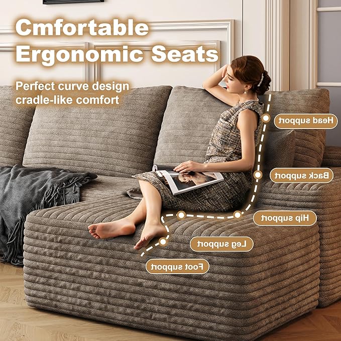 108" Sectional Couches for Living Room Modern Modular Sofa with L-Shape Couchs Upholstered Boneless Couch Deep Seat Sectional Couch with Chaise (Camel, Left Facing Chaise+2Seaters+1Ottoman)-Ruum Studio Home