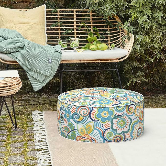 LVTXIII Outdoor/Indoor Inflatable Stool Ottoman, All Weather Patio Footrest Pouf, Portable Round Ottoman for Patio Garden, Camping or Home, D21xH9 Inches, Flower Blue-Ruum Studio Home