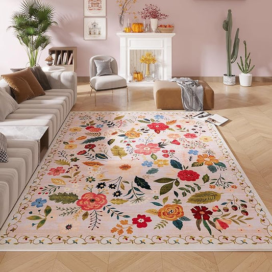 Living Room Rug 5x7 Rug Machine Washable Boho Area Rug Non Slip Floral Vintage Low Pile Large Rugs for Living Room, Bedroom, Farmhouse, Dining Room, Kids Playroom(Beige)-Ruum Studio Home