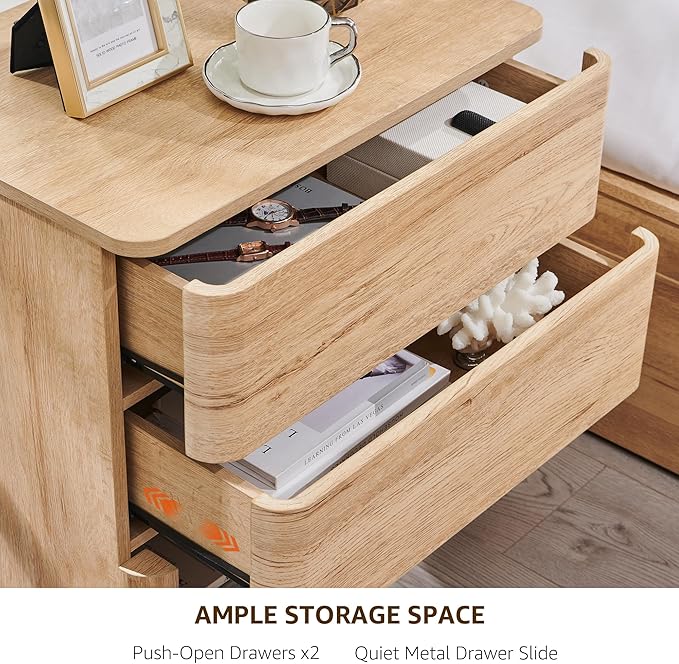 Nightstand Set of 2 with Charging Station, 22" Large Modern Bedside Table with 2 Drawers Storage,Push-to-Open End Table for Bedroom,Living Room,Natural Oak-Ruum Studio Home
