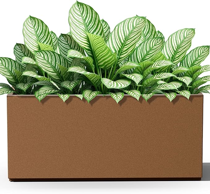 FENCY Large Metal Planter, Large Rectangular Planters for Outdoor Plants, Tall Outdoor Planters for Porch Patio, 38" L x 15" W x 16.3" H Brown Metal Planter with Drainage Hole-Ruum Studio Home