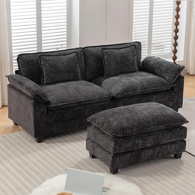 URRED Modular Sectional Sofa Comfy Cloud Couch, Modern Chenille Sofa Sleeper Deep Seat Couches with Ottoman/Pillows for Living Room (Black, 82.6''- L Shape)-Ruum Studio Home