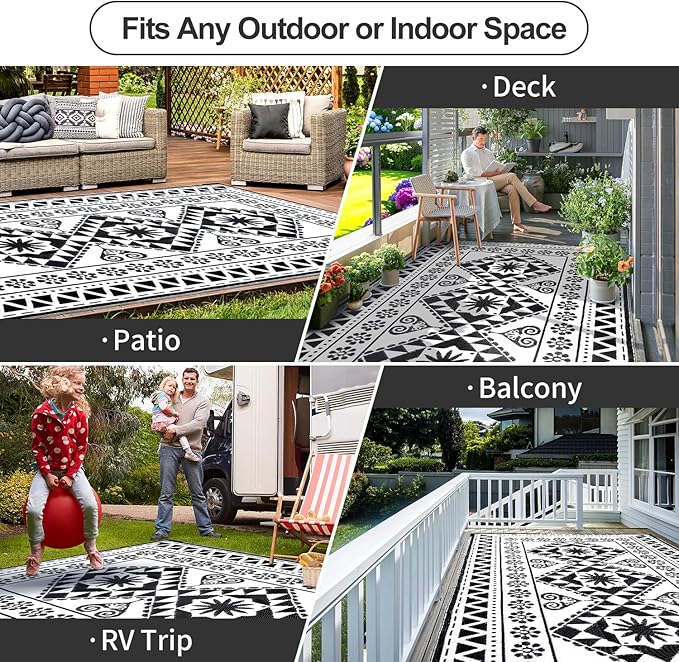 Waterproof Outdoor Rug 8x10ft, Reversible Plastic Straw Mat Rugs for Patio RV Deck Porch Backyard Balcony Camping Picnic Beach Indoor Outdoor Carpet, Black&White-Ruum Studio Home