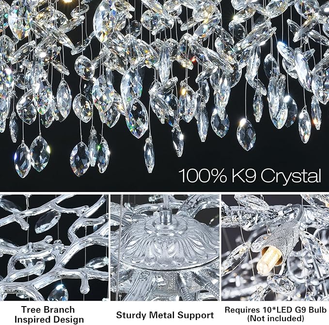 Modern Round Crystal Chandeliers, 30" Crystal Chandeliers for Dining Room,Silver Tree Branches Chandelier, for Living Room,High Ceiling,Foyer,Entryway,Kitchen Island-Ruum Studio Home