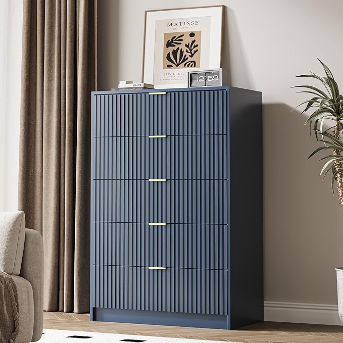 5 Drawer Dresser for Bedroom, Tall Dresser Chest of Drawers with Gold Handles, 32 Inch Wide Nightstand with for Bedroom, Living Rooms, Offices, and Entryways, Navy Blue-Ruum Studio Home