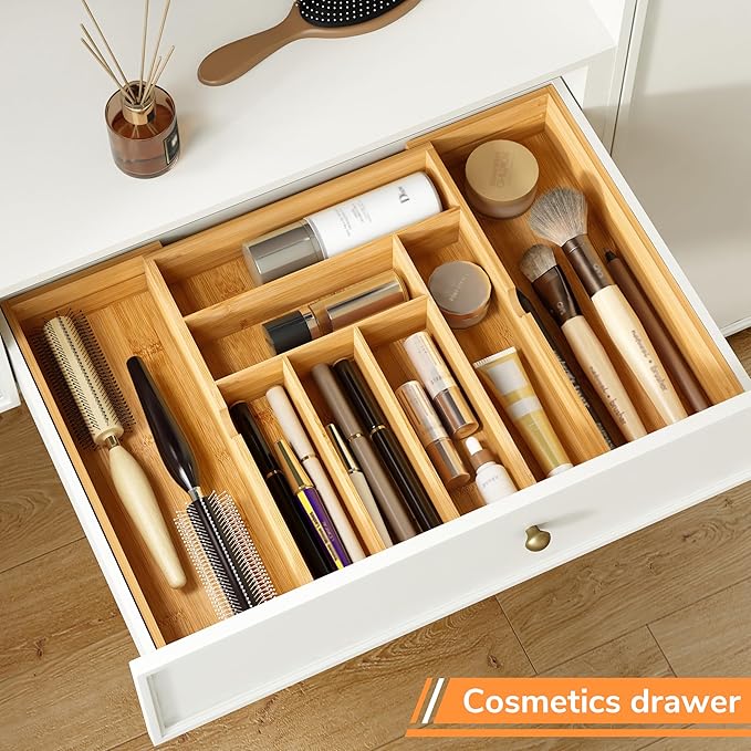 BAMEOS 3" Deepth Expandable Drawer Organizer, Deep Flatware Organizer, Adjustable Silverware Organizer, Bamboo Drawer Organizer for Kitchen, Bathroom (Natural)-Ruum Studio Home