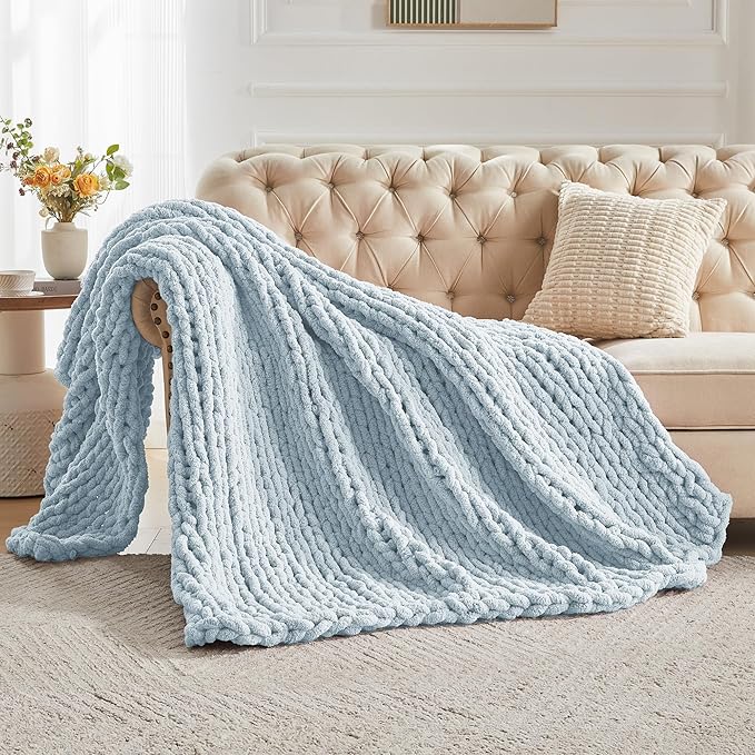 Carriediosa Chunky Knit Throw Blanket 60" X 80" Twin, 100% Hand Made Large Chenille Loop Yarn Soft Fluffy Throws for Couch Sofa Bed, Big Crochet Cozy Heavy Thick Cable Woven Blanket, Light Blue-Ruum Studio Home