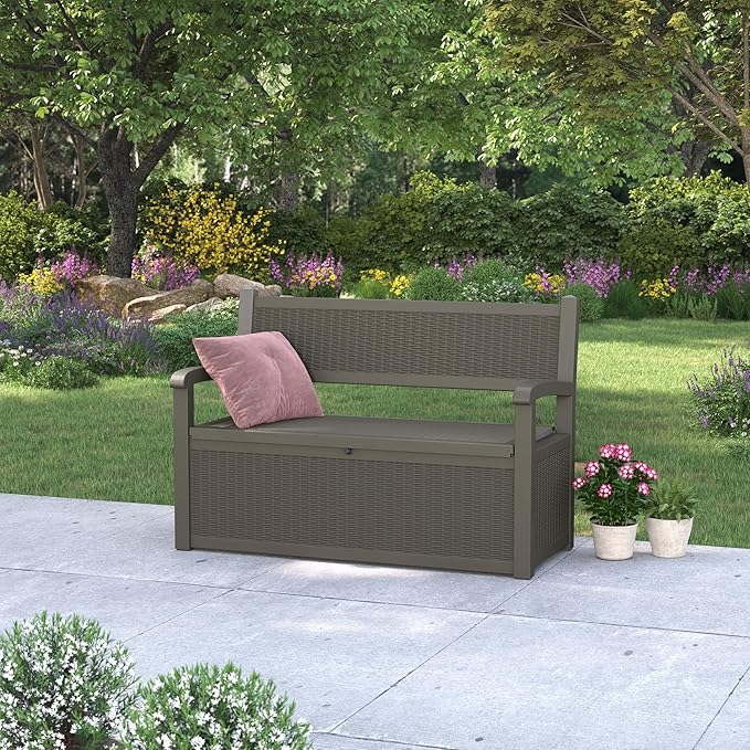 70 Gallon Outdoor Storage Box, Resin Patio Furniture with Armrest, Lockable Deck Box with Waterproof and UV Resistant for Patio Cushions, Garden Tools and Pool Supplies, Grey-Ruum Studio Home