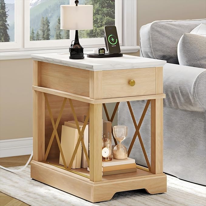 YITAHOME Farmhouse End Table, Side Table with Power Outlets, Nightstand with Drawer and Open Storage, Rustic End Table for Living Room, Sleeping Room, Natural Walnut-Ruum Studio Home