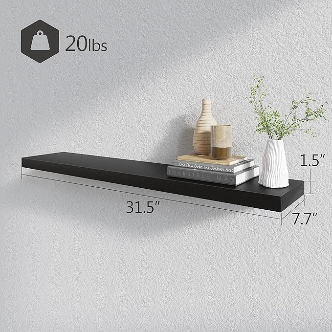 BAMEOS Floating Shelves, 31W x 8D Black Wall Mounted Wooden Shelves with Invisible Brackets Set of 2, Hanging Wall Shelves Decoration for Bedroom, Bathroom, Living Room and Kitchen-Ruum Studio Home