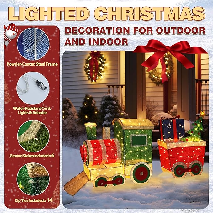 5FT Light-Up Christmas Train Decor with 170 LED Lights, 3D Pre-Lit Train Set with Gift Box and Christmas Tree for Xmas Decoration, Freestanding Glittered Holiday Display for Outdoor, Indoor-Ruum Studio Home