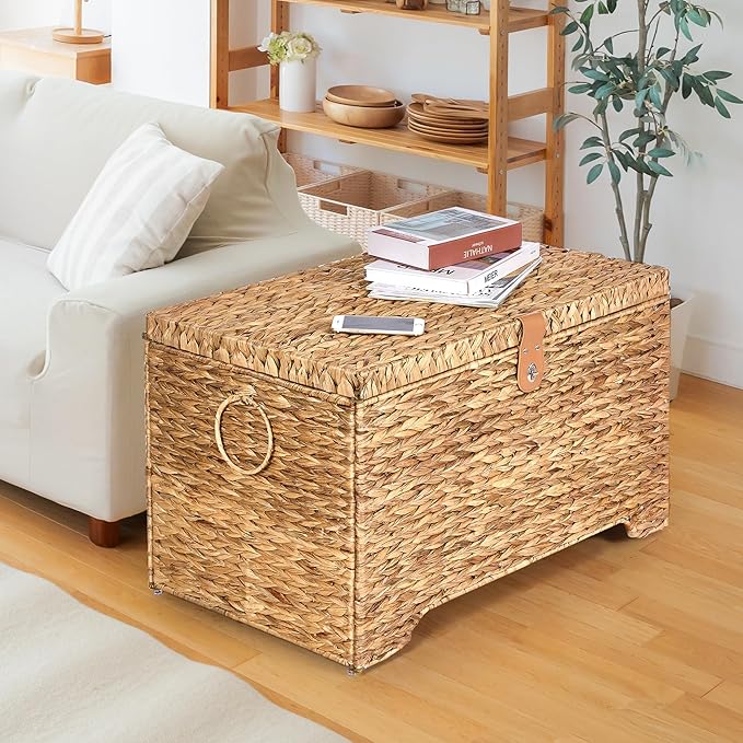 Handwoven Storage Basket with Lid, 165L Wicker Storage Bin, Natural Water Hyacinth, Leather Buckle & Metal Frame, Metal Ring Handles for Easy Transport, Storage Chest & Trunk for Bedroom, Living Room-Ruum Studio Home