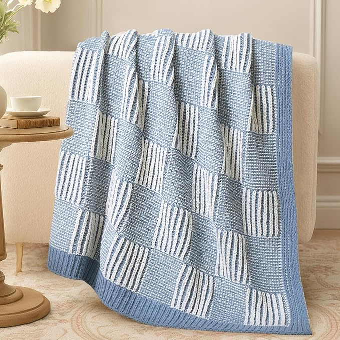 Amélie Home Chenille Knit Throw Blanket for Couch, Checkered Texture Decorative Soft Blanket for Sofa, Bed & Living Room, 50"x60", Blue & White-Ruum Studio Home