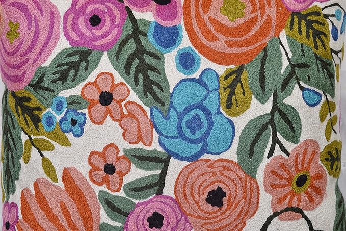 Roses Floral Pillow Cover Flower Farmhouse Chair Cushion Suzani Flowers Pillowcase Boho Florals Accent Throw Pillowsham Wool Hand Embroidered Size 18x18-Ruum Studio Home