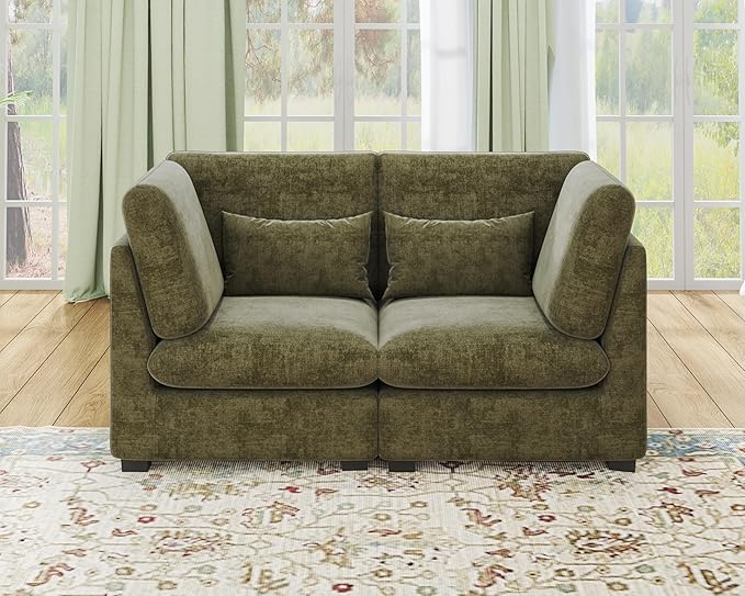 Oversized Modular Sofa, Extra Deep Cloud Chenille Sectional Couch with Ottoman Chaise, Fluffy Chenille 2 Seater Sofa Bed for Living Room, Villa (Loveseat Sofa, Chenille Green)-Ruum Studio Home