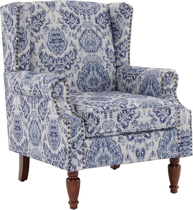 UIXE High Back Floral Accent Chair, Fabric Upholstered Armchair for Living Room, Retro Wingback Arm Chair with Solid Wood Legs, Nailhead Trim Single Sofa Bedroom Reading Seat - Navy Blue-Ruum Studio Home